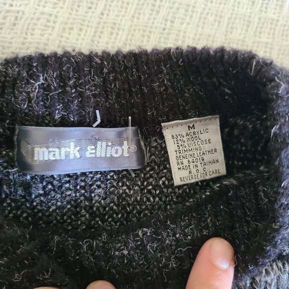 Vintage 80s Black and Grey Wool Blend Sweater with Leather Accents, Size M - Picture 5 of 5